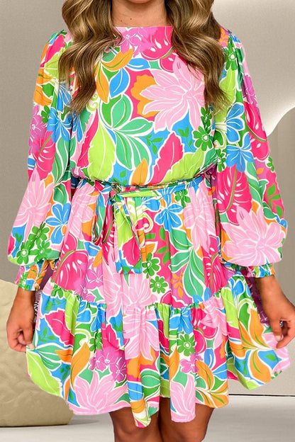 Printed Tie Waist Lantern Sleeve Mini Dress.