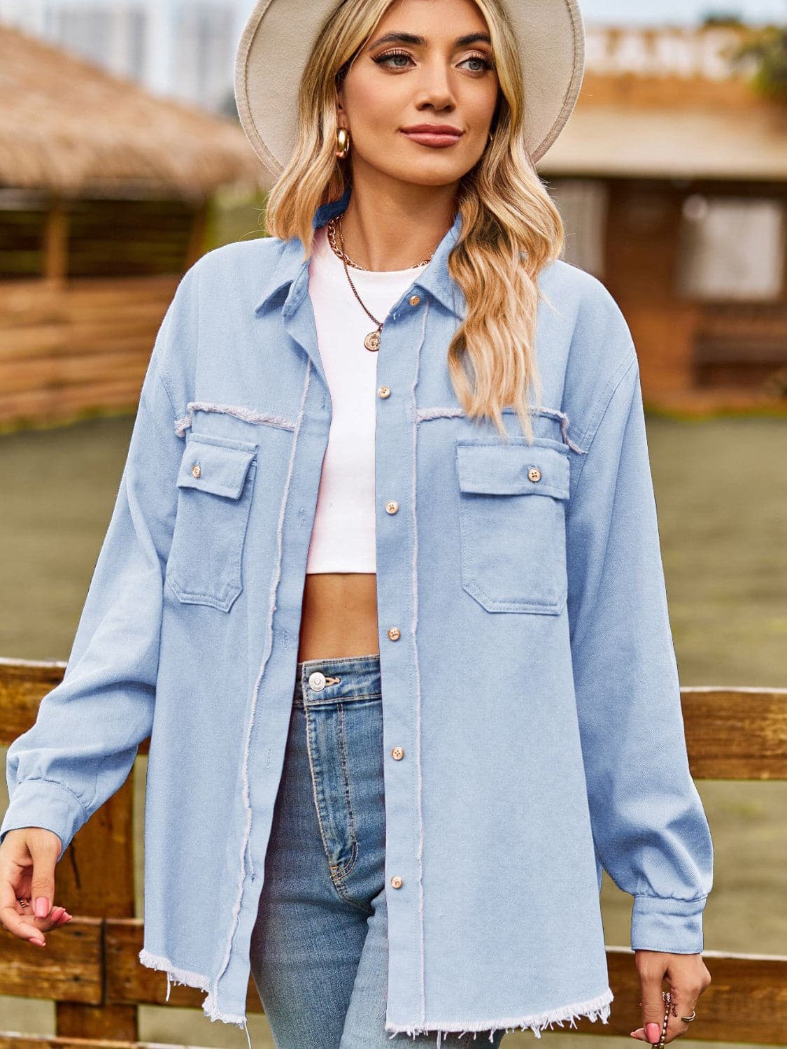 Button Up Collared Neck Raw Hem Denim Top.