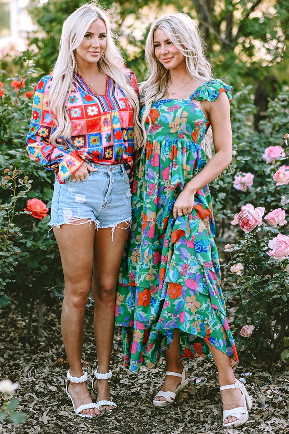 Green Floral Print Sleeveless Ruffle Tiered Maxi Dress Delight