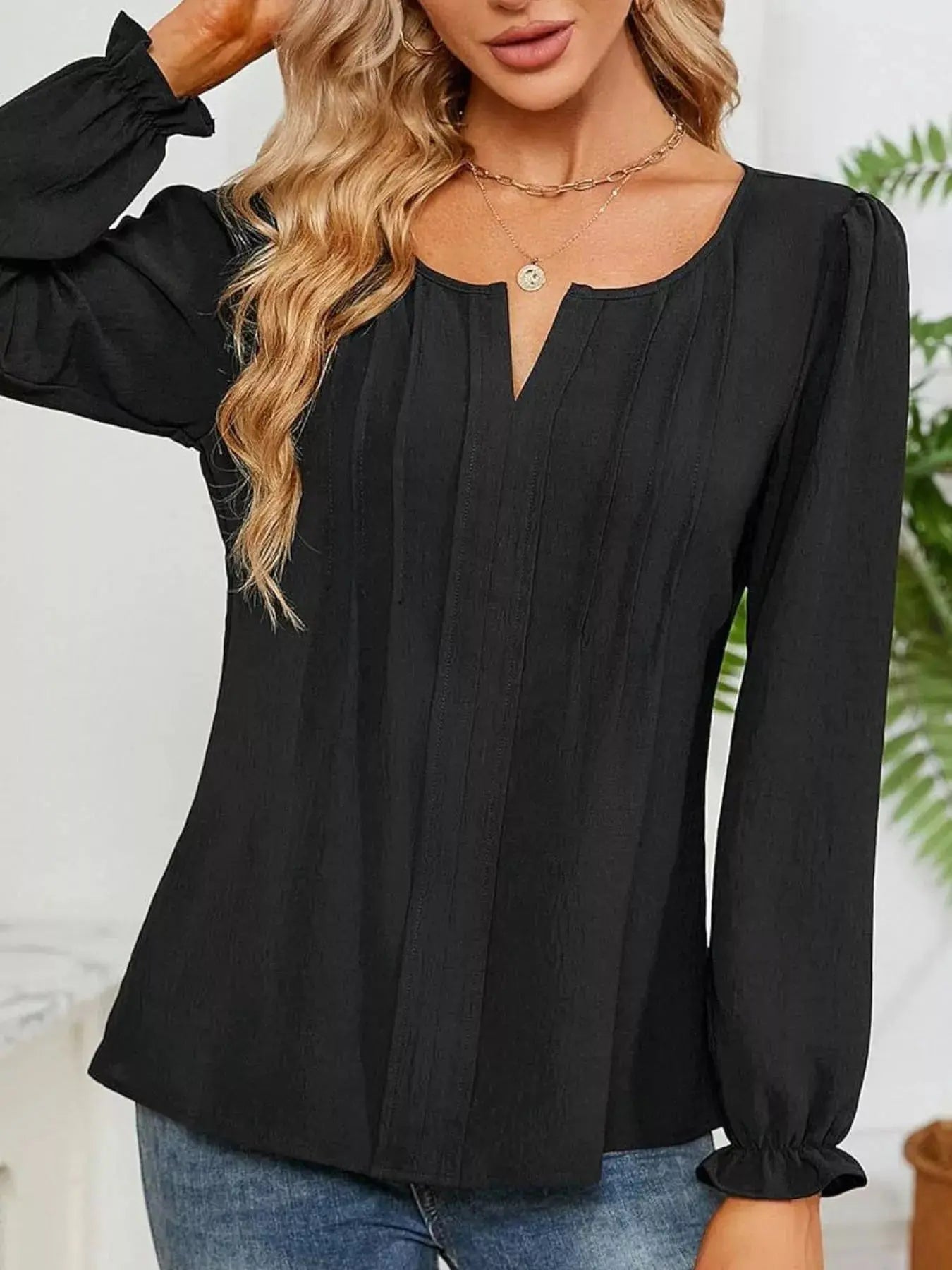 Notched Ruffle Cuff Blouse Simply Love
