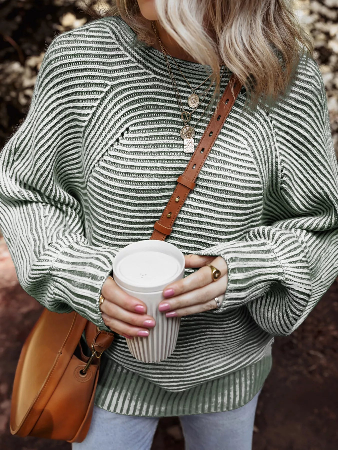 Striped Ribbed Knit Boat Neck Baggy Sweater Simply Love