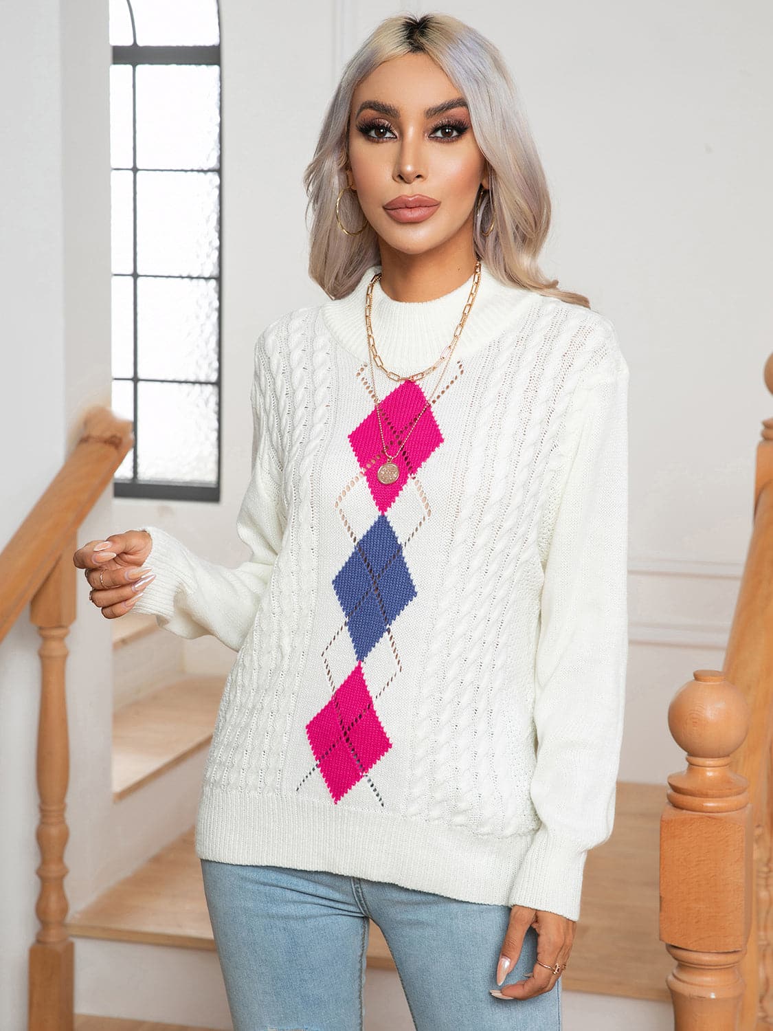 Openwork Geometric Mock Neck Sweater.