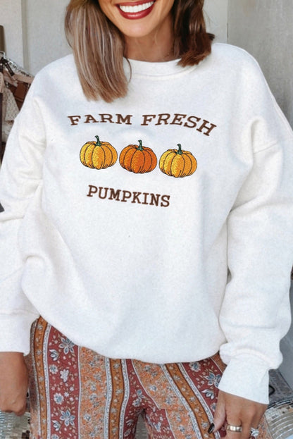 Premium White Farm Fresh Pumpkins Embroidered Holiday Sweatshirt