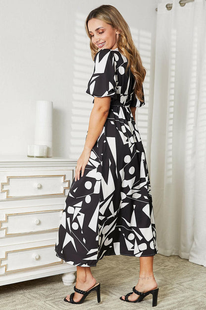 Printed Surplice Balloon Sleeve Dress.