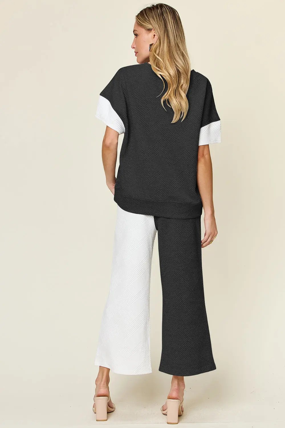Double Take Full Size Texture Contrast T-Shirt and Wide Leg Pants Set - Love Salve