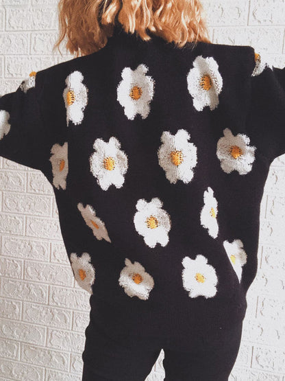 Flower Round Neck Long Sleeve Sweater.