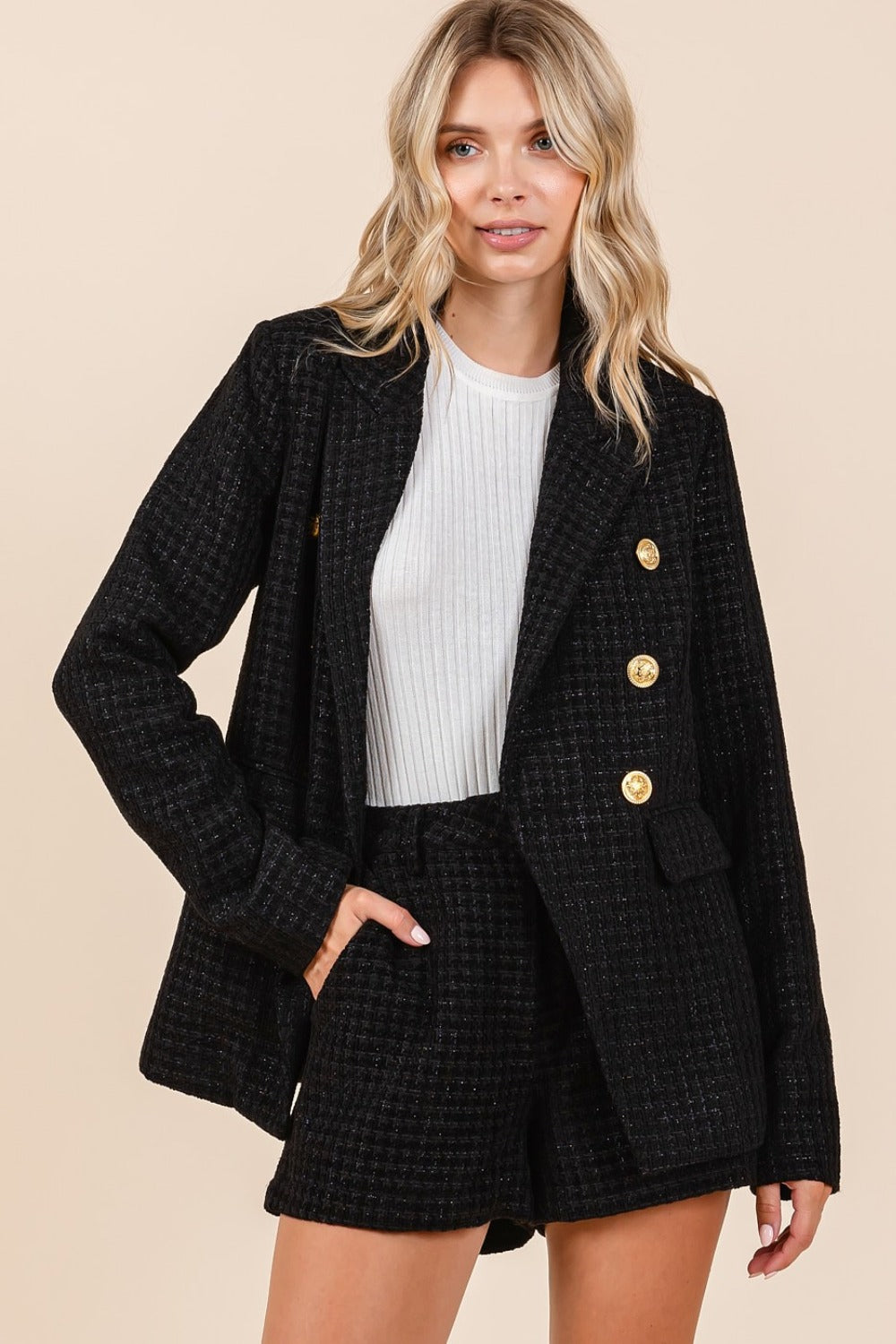 Mittoshop Plaid Texture Double-Breasted Long Sleeve Blazer Coco’s Tee Boutique