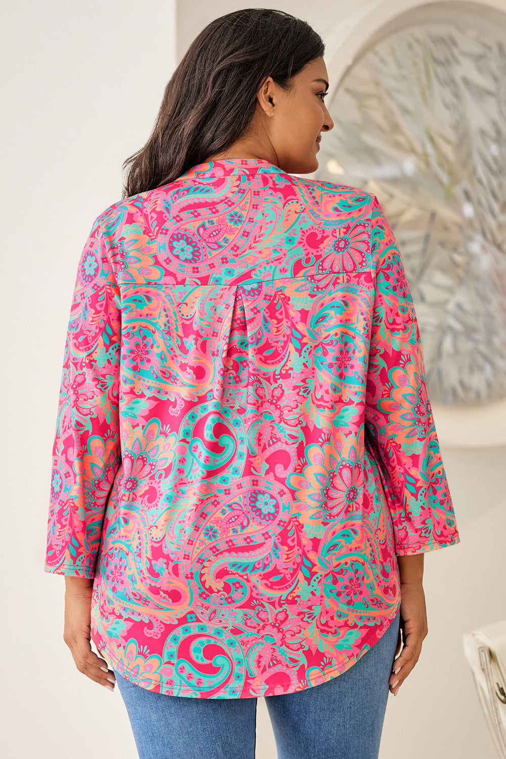 Elegant paisley print plus size blouse with adjustable sleeves