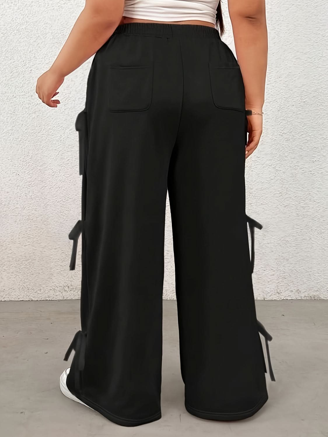 Chic Plus Size Wide Leg Pants with Bow and Elastic Waistband