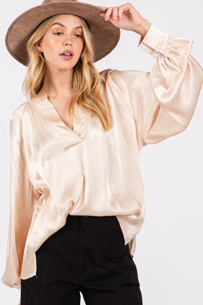 Chic notched long sleeve blouse by SAGE + FIG