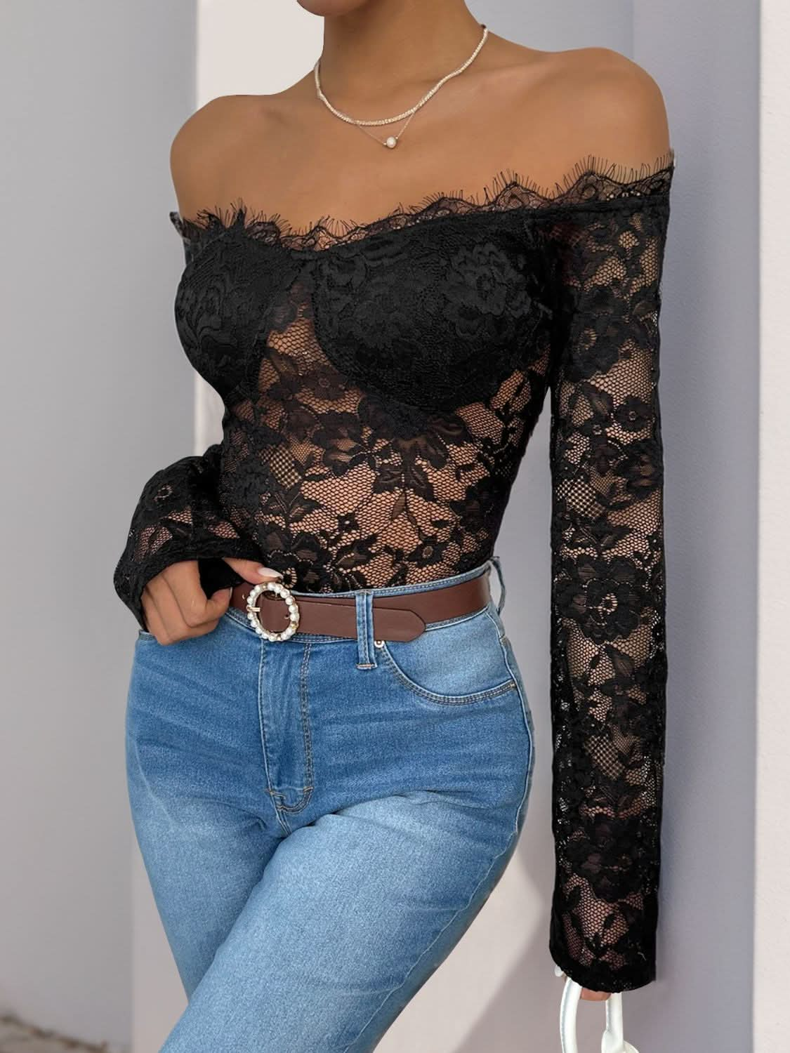 Lace allure off-shoulder bodysuit with long sleeves