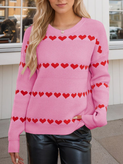 Cozy heart-patterned long sleeve sweater