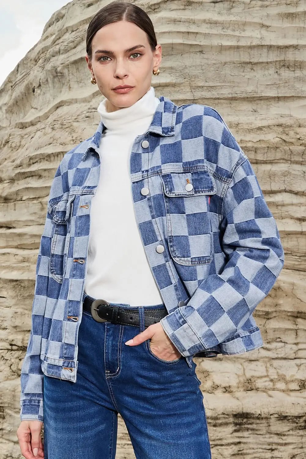 Light Blue Checkered Patchwork Button up Denim Jacket - Love Salve 