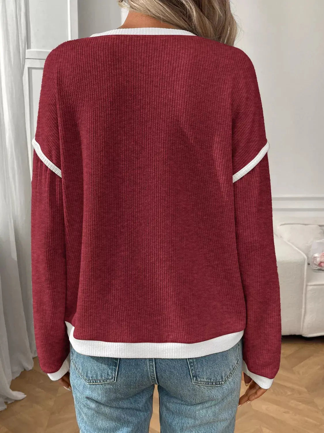 Ribbed Knit Contrast Trim Sweater Simply Love