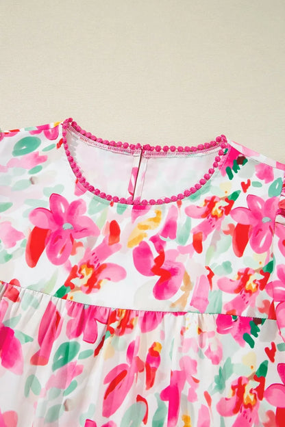 Floral Print Ruffle Sleeve Round Neck Blouse