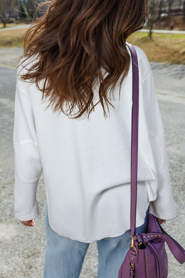 White Waffle Ribbed Patchwork Dolman Sleeve Oversize Top