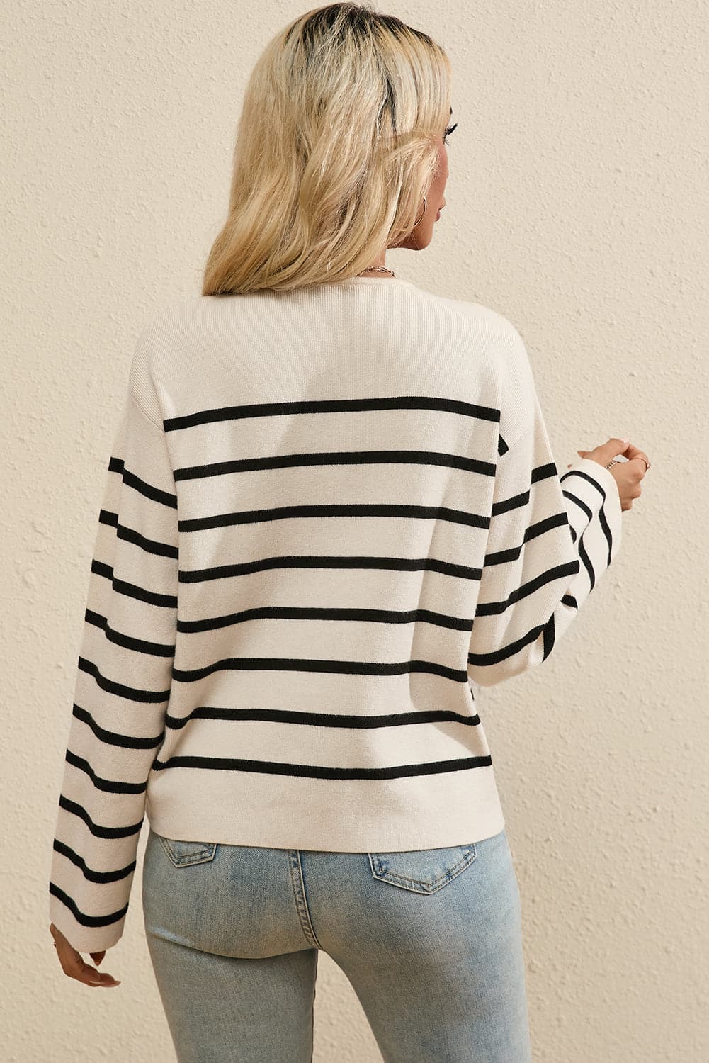 Striped Button Up Round Neck Cardigan.