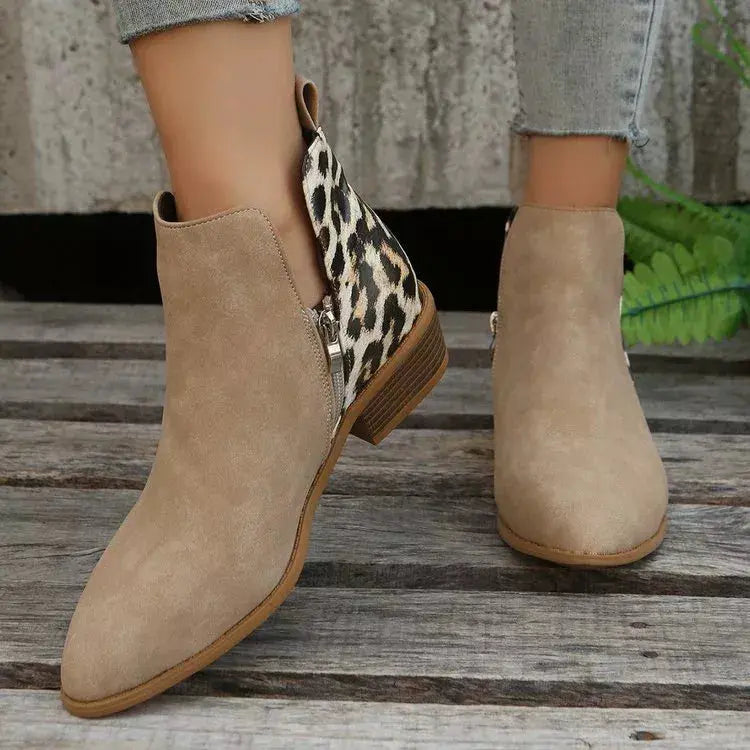 Leopard Print PU Leather Pointed Toe Ankle Boots With Low Block Heel Simply Love