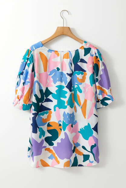 Chic sky blue plus abstract print puff sleeve top