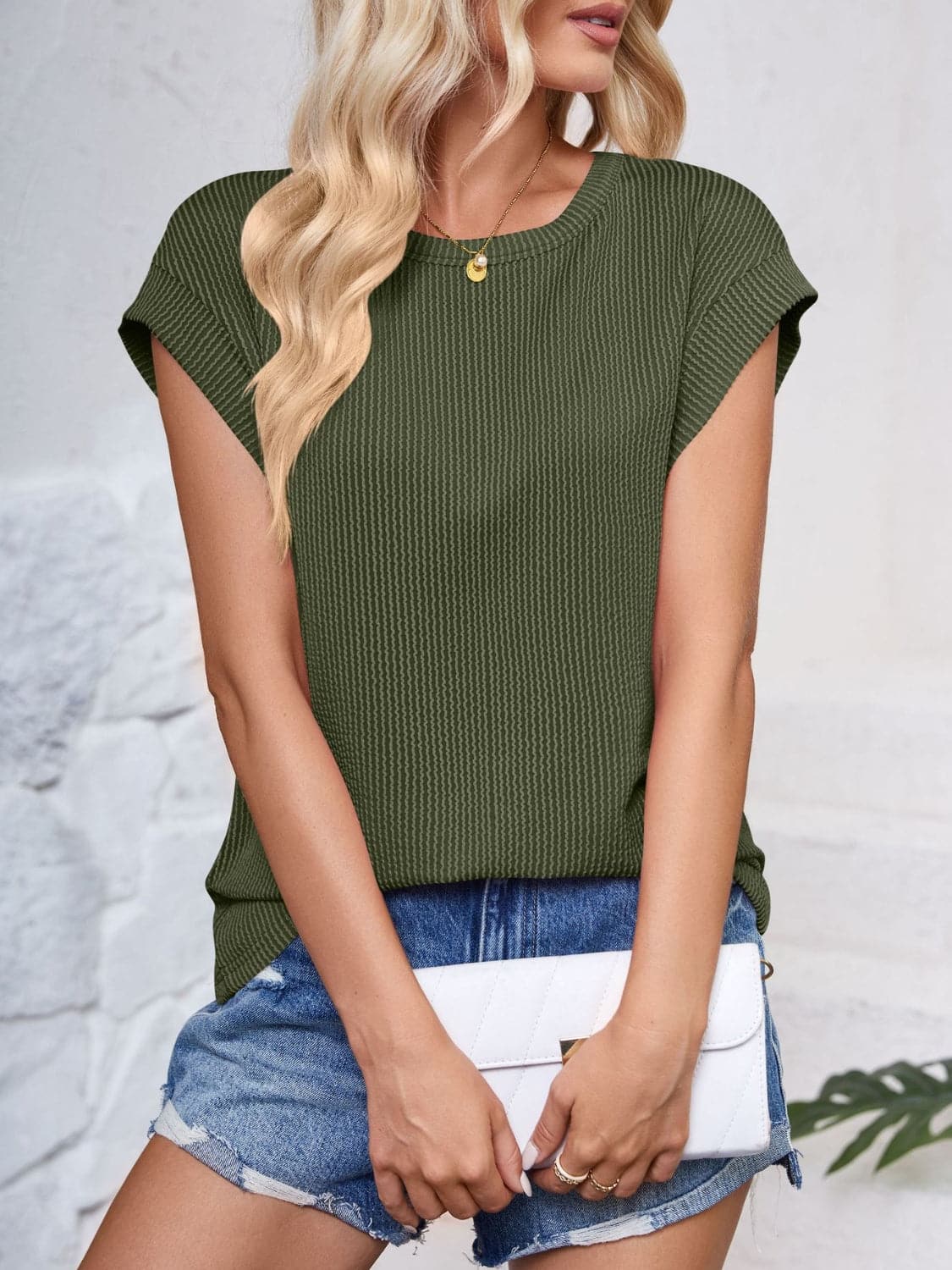 Textured Round Neck Cap Sleeve Blouse.