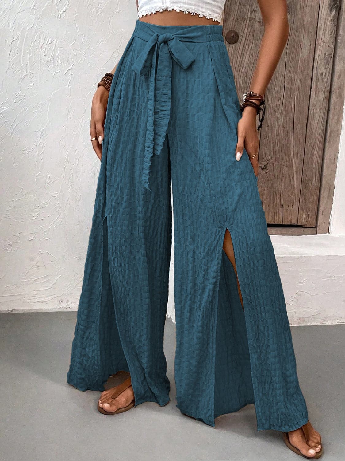 Tied Slit Wide Leg Pants.