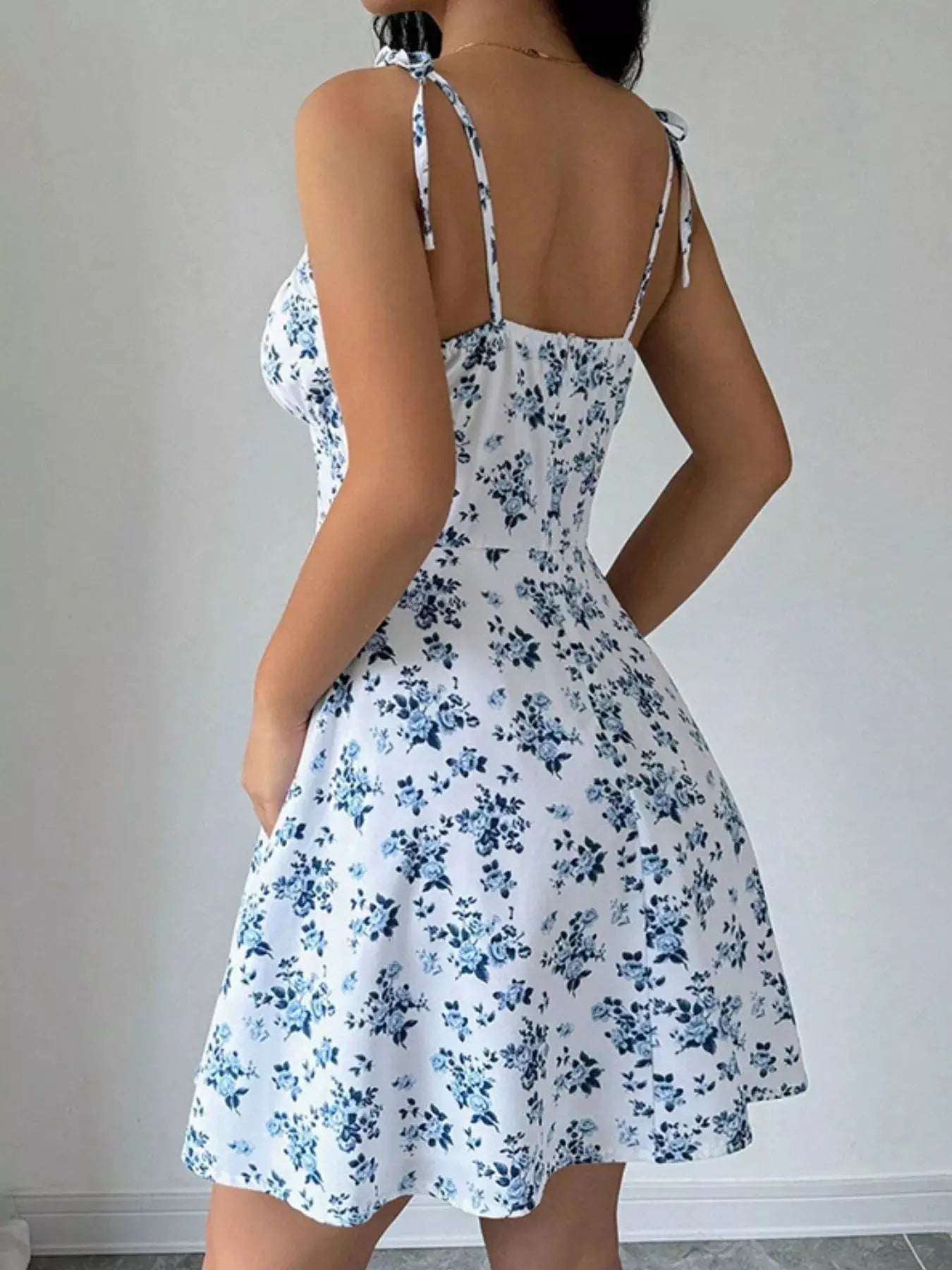 Floral Print Tie Strap Mini Dress Simply Love
