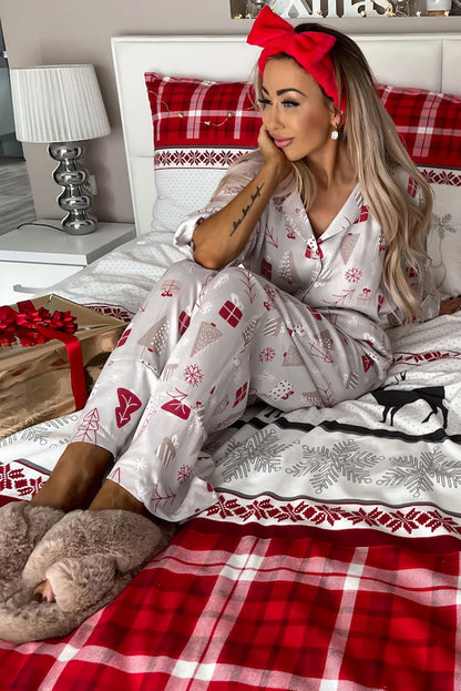 Cozy light grey Christmas pajama set with printed shirt and pants