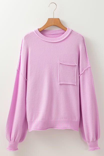 Cozy Pink Drop Shoulder Sweater with Raw Edge and Ribbed Details