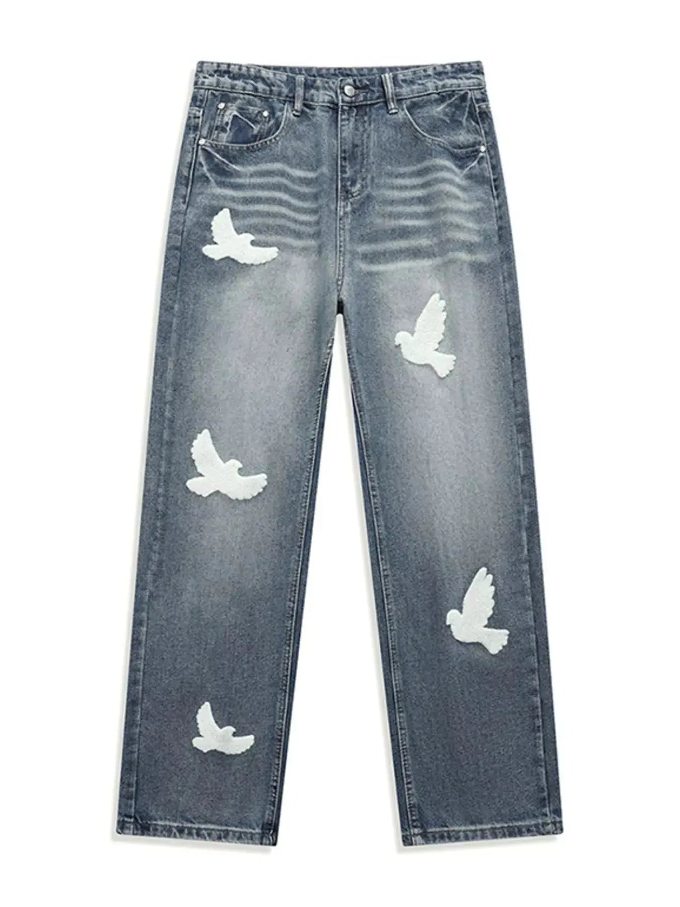Men's Baggy Denim Jeans With Dove Applique Patches Plus Size Simply Love