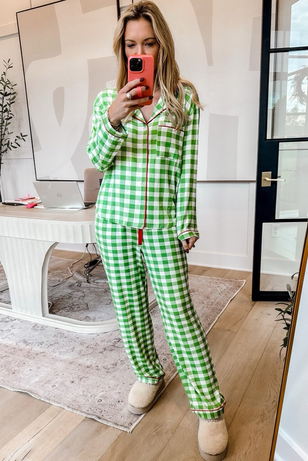 Light green plaid Christmas pajama set for cozy holiday nights