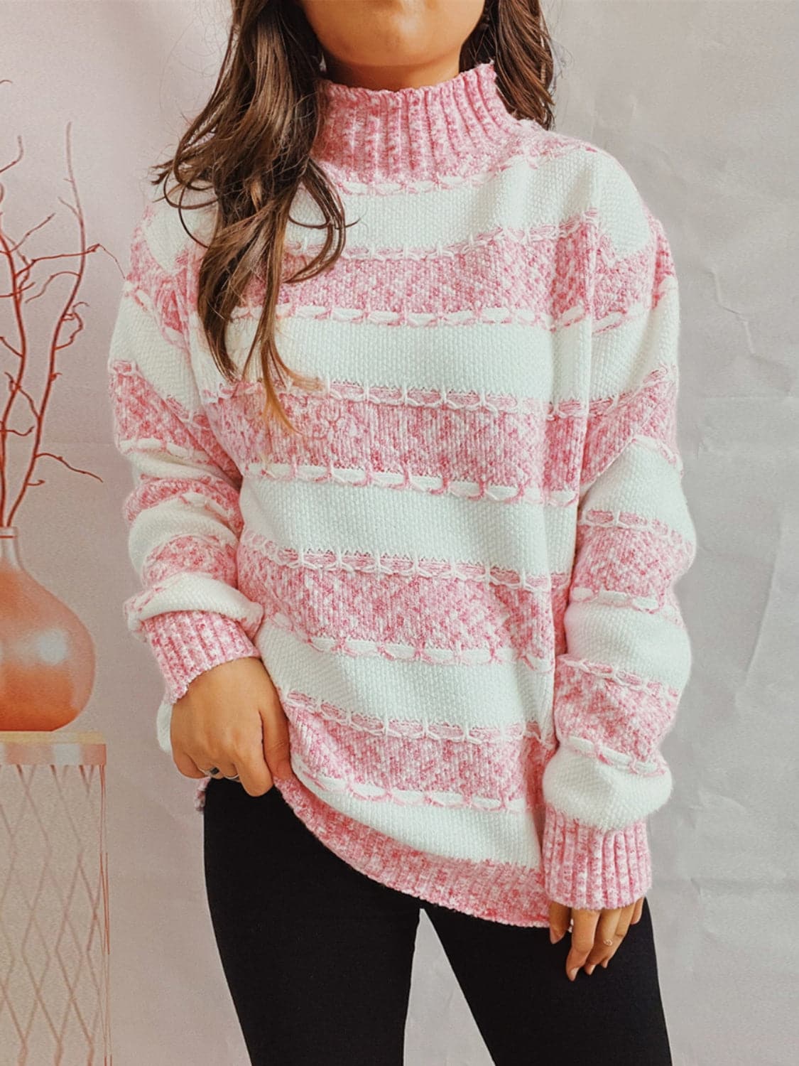 Striped Turtleneck Long Sleeve Sweater.