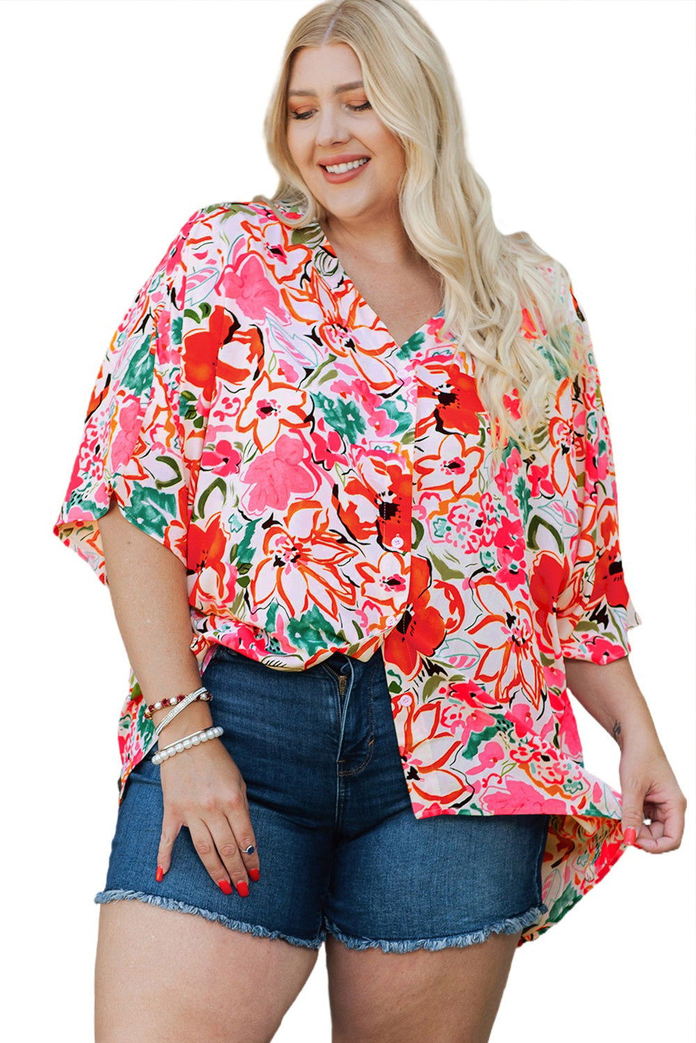 Floral elegance plus size kimono sleeve blouse