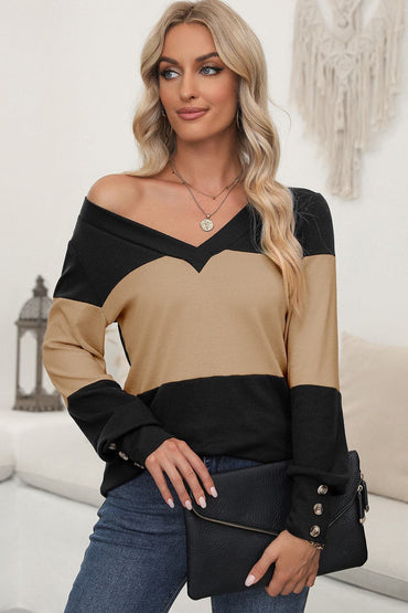 Color Block V-Neck Long Sleeve TopFeatures: Decorative Button
Sheer: Opaque
Stretch: Slightly stretchy
Material composition: 75% polyester, 20% viscose, 5% elastane
Care instructions: Machine wash coLove Salve -Neck Long Sleeve TopShirts