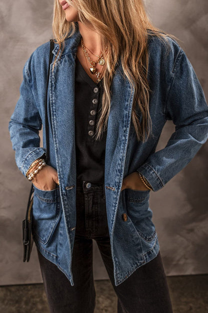 Pocketed Long Sleeve Denim JacketFeatures: Pocketed
Stretch: No stretch
Material composition: 75% cotton, 25% polyester
Care instructions: Machine wash cold. Tumble dry low.
Imported


Size
US
Bust
Love Salve Pocketed Long Sleeve Denim JacketOuterwear