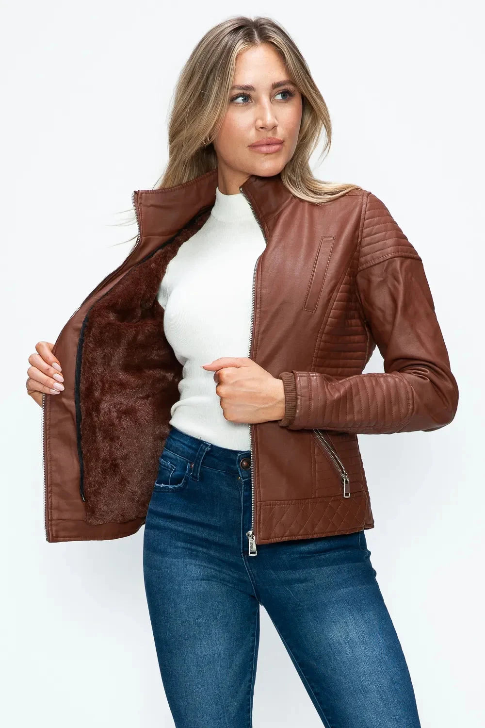 YMI Faux Layered Double-Zipper Jacket with Fuzzy Hood Coco’s Tee Boutique