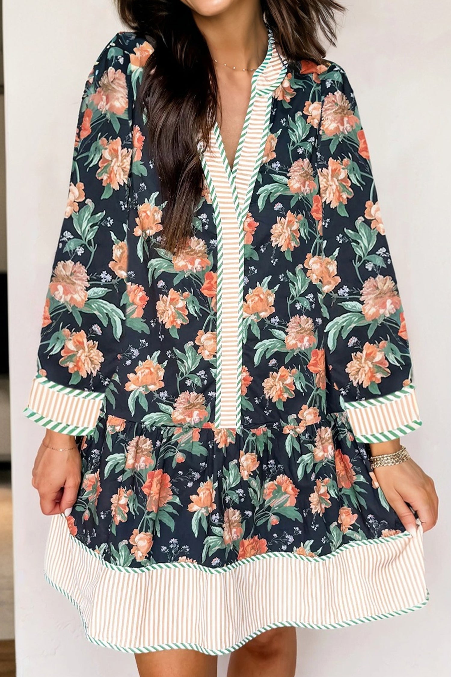 Blue Floral Print Striped Trim V Neck Long Sleeve Shift Mini Dress Ruffle Hem Dear-Lover Dropshipping