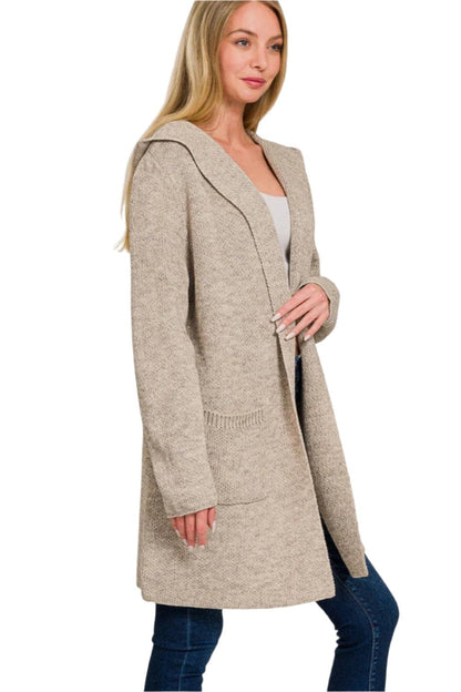 Cozy hooded open front cardigan with pockets