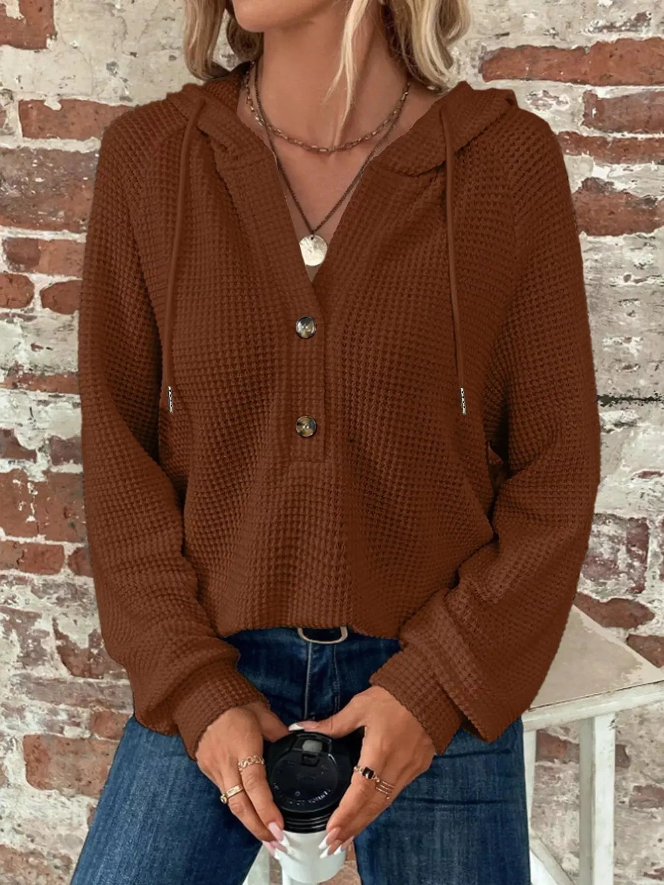 Waffle Knit Button Detail Hoodie Simply Love