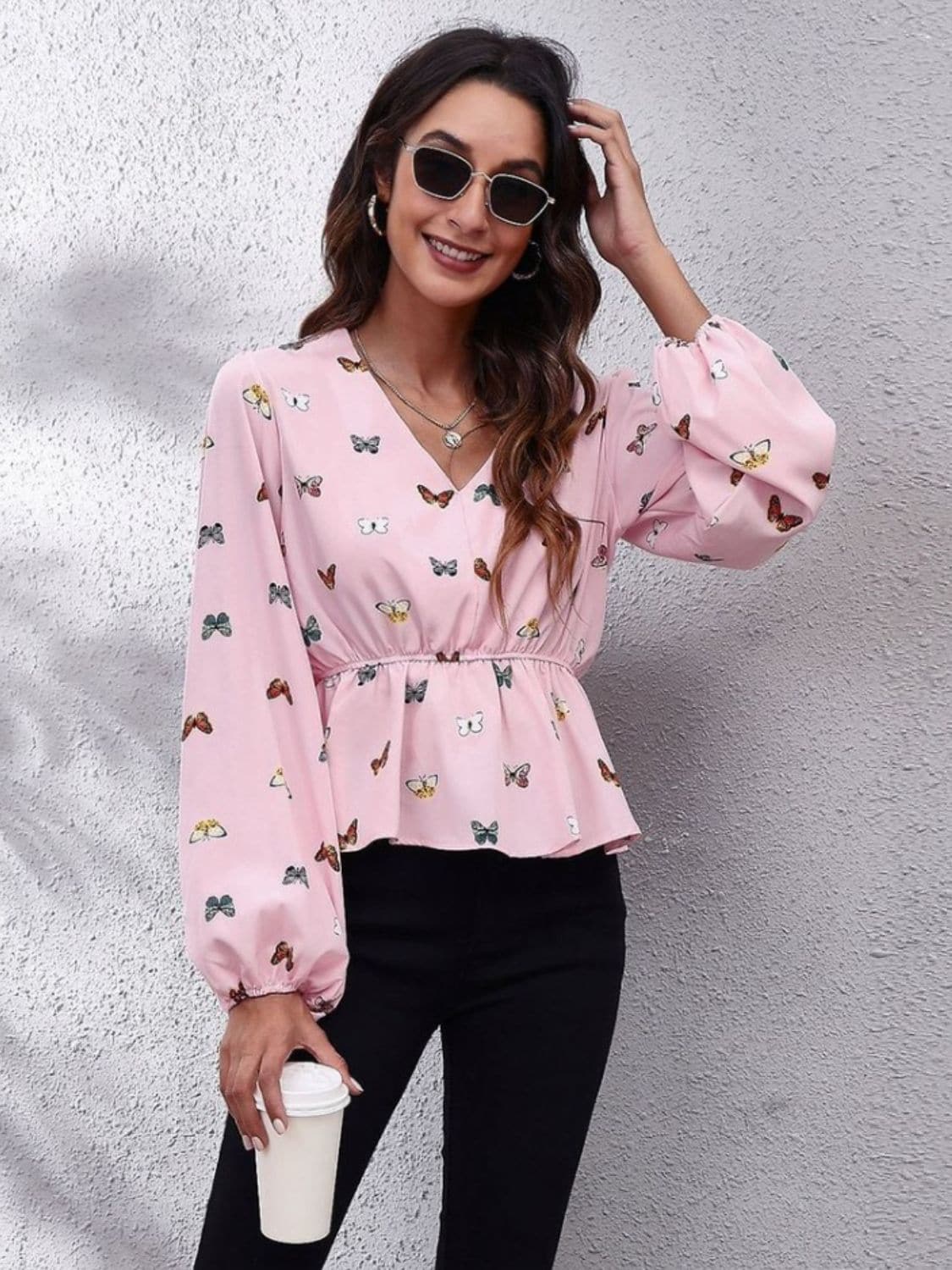 Printed V-Neck Long Sleeve Blouse.