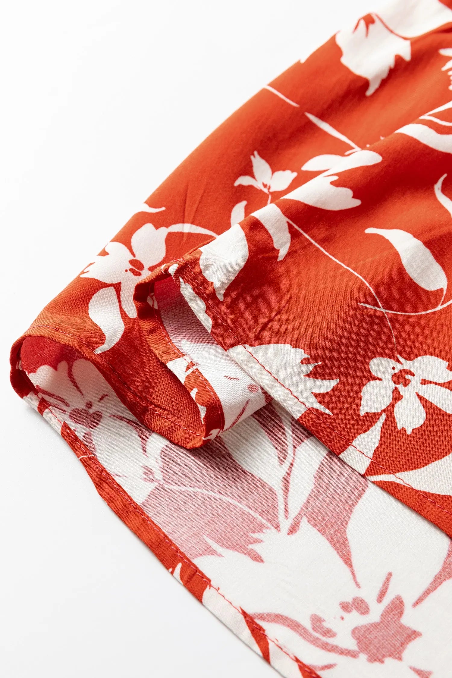 Red Boho Floral Print Lettuce Trim Mini Dress With Three Quarter Sleeves Dear-Lover Dropshipping