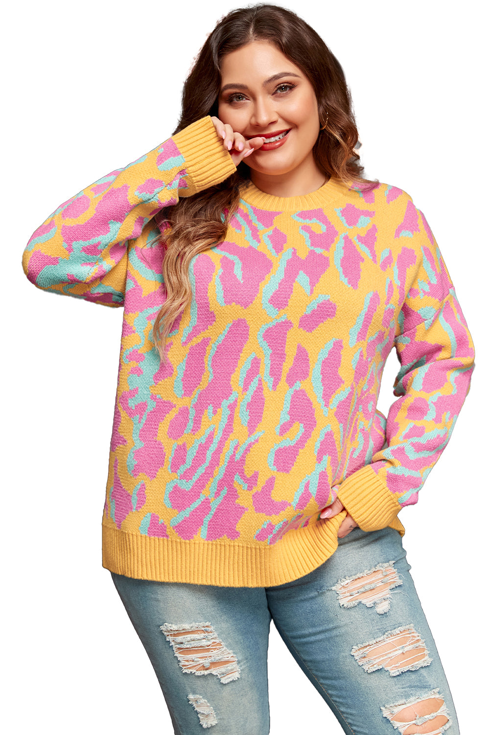 Fabulous fuchsia plus size leopard print ribbed sweater