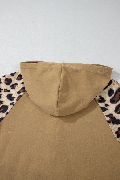 French beige leopard patchwork hoodie with half-button detail and raglan sleeves