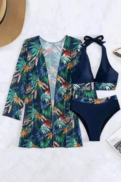 Chic black tropical halter bikini set with stylish cover-up