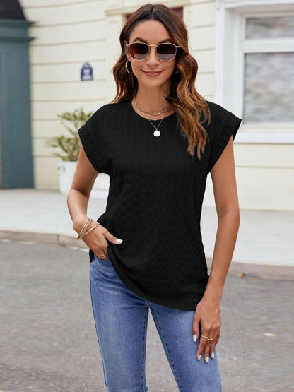 Textured Round Neck Cap Sleeve T-Shirt.