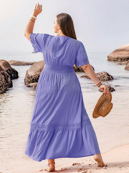 Plus Size Lace Detail Tie Neck Short Sleeve Maxi DressPlus Size Lace Detail Tie Neck Short Sleeve Maxi Dress
 Indulge in elegance with our Plus Size Lace Detail Tie Neck Short Sleeve Maxi Dress. Perfect for any special Love Salve Size Lace Detail Tie Neck Short Sleeve Maxi DressMaxi Dresses