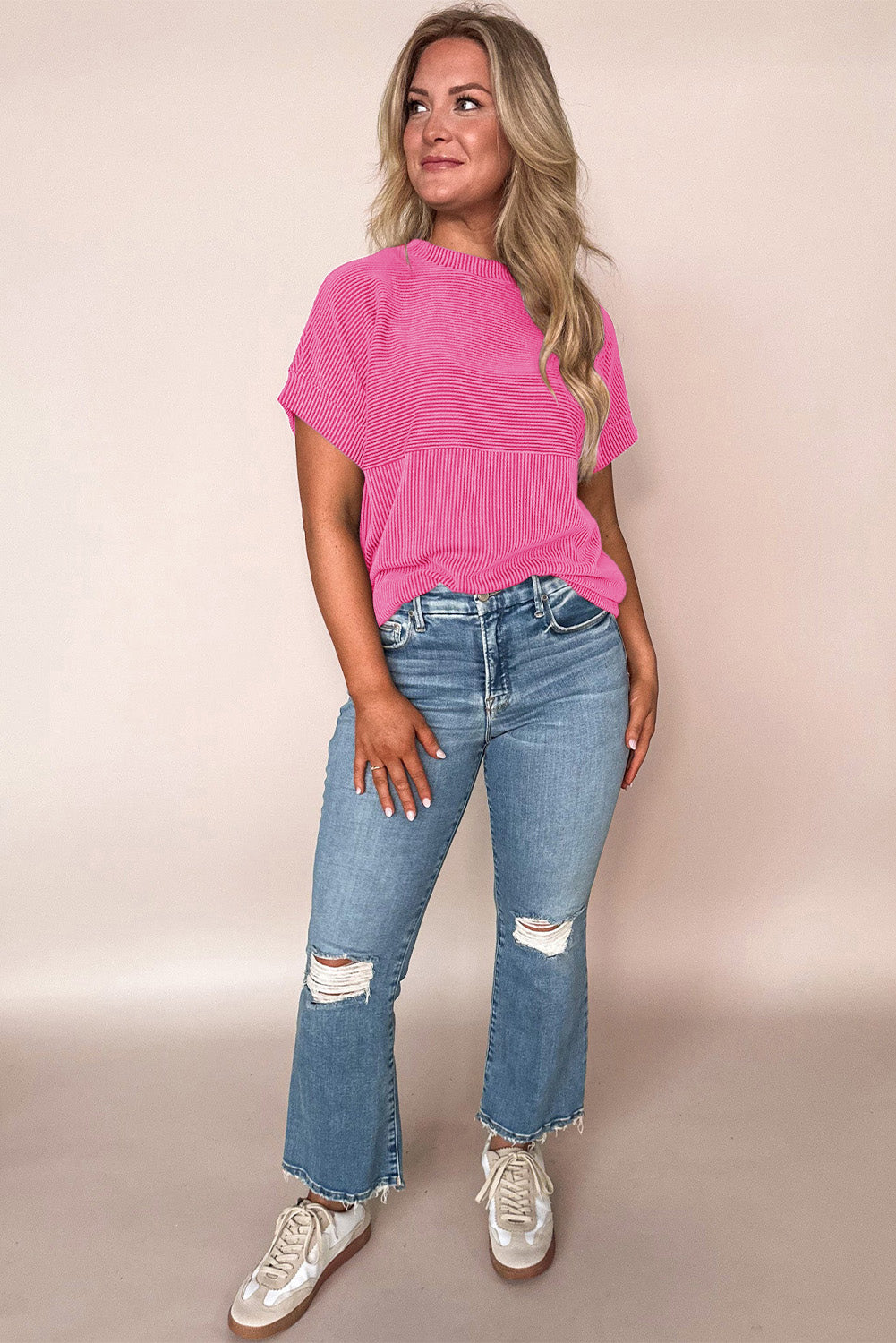 Bright Pink Plain Corded Knit Mock Neck T Shirt for Women