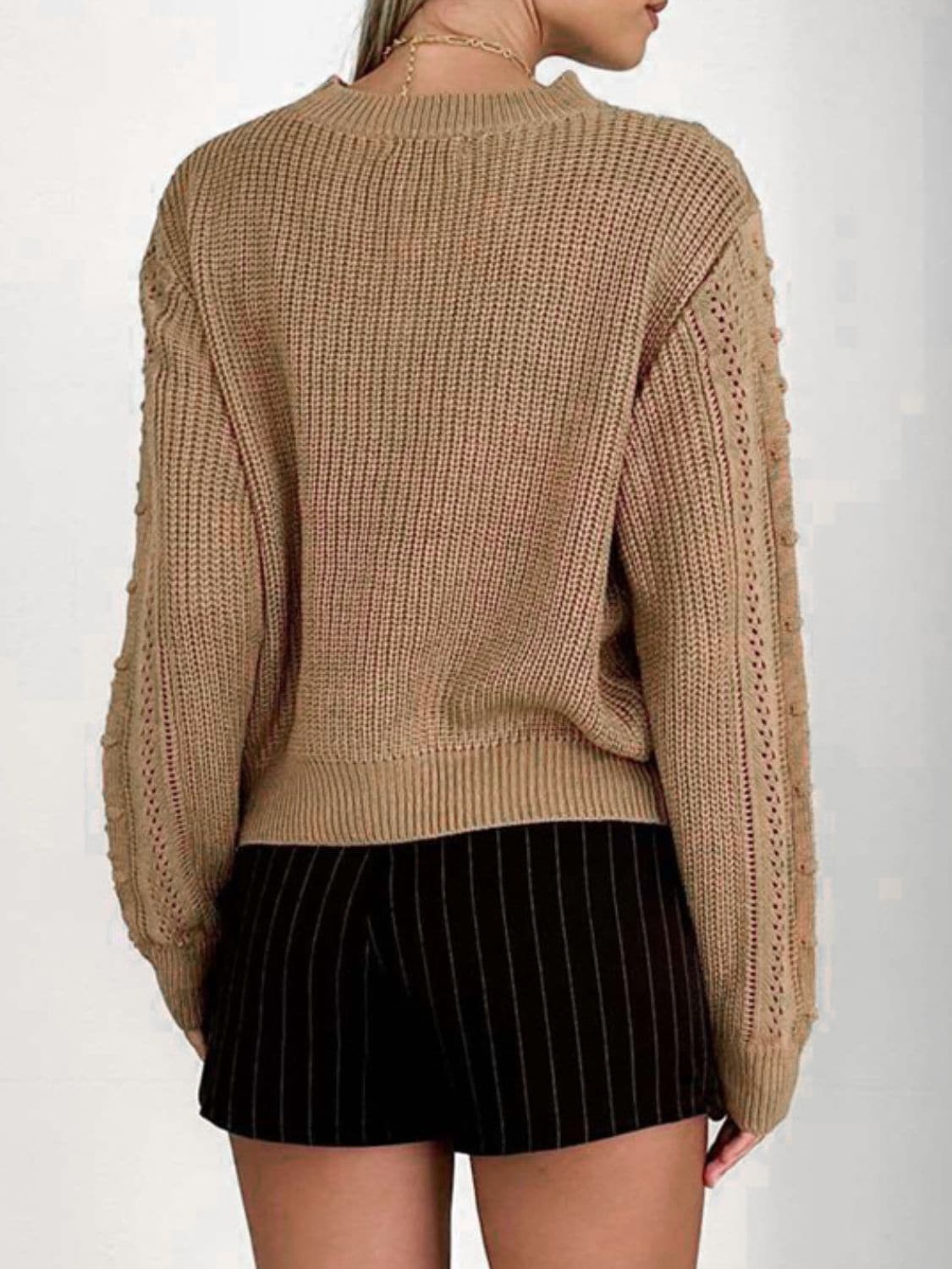 Openwork Round Neck Long Sleeve Sweater.