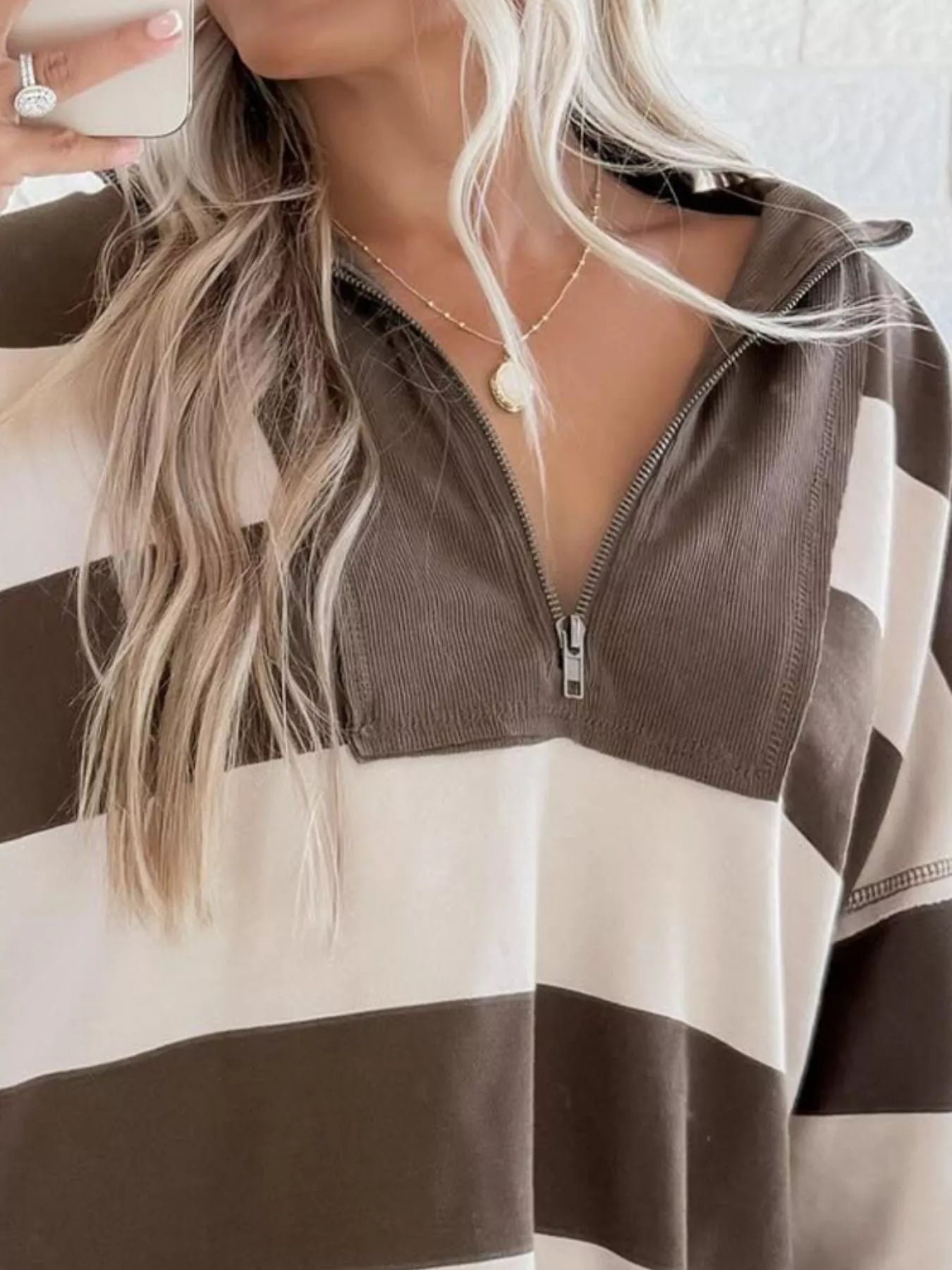 Striped Quarter-Zip Long Sleeve Sweatshirt Simply Love