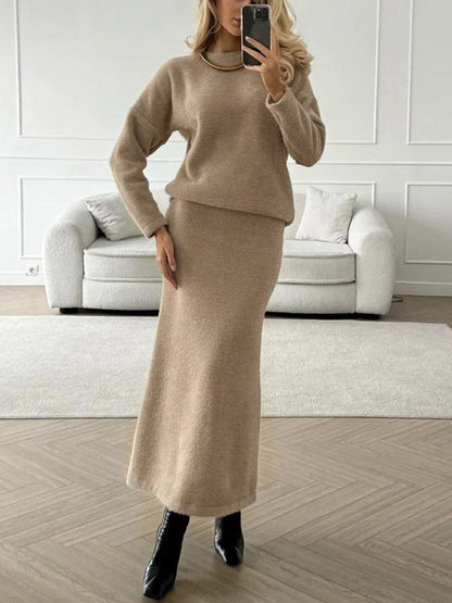 Casual Chic Round Neck Sweater Set with Midi Skirt