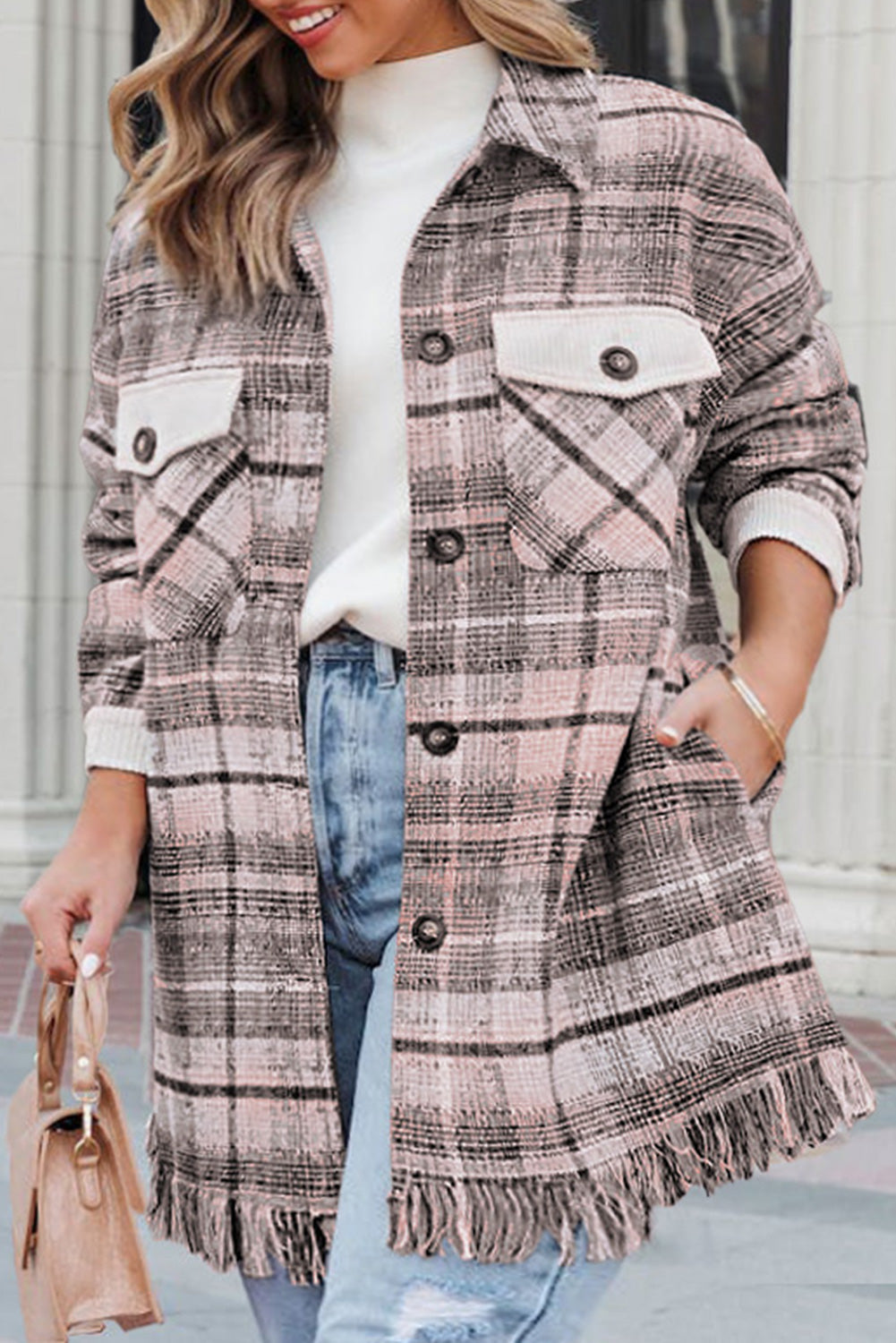 Chic pink macrame plaid coat in plus sizes